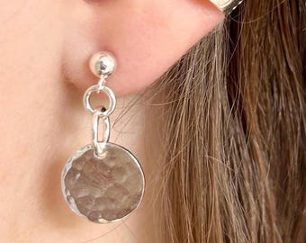Hammered Sterling Silver Disc Earrings: Handcrafted Dangle Earrings