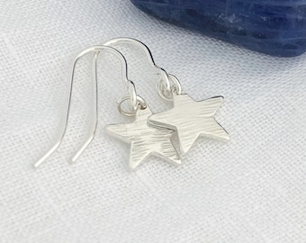 Sterling Silver Star Earrings: Dainty Textured Dangly Earrings
