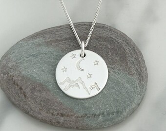 Hand Stamped Sterling Silver Mountain, Moon & Stars Necklace