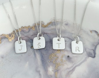 Dainty Sterling Silver Initial Necklace: Personalised Square Pendant