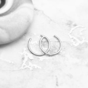 May include: Two silver-coloured circular hoop earrings with a smooth, polished finish. Each earring features a simple, open-ended design, allowing for easy insertion. The hoops are thin and circular, presenting a clean, metallic appearance throughout.