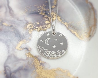 Moon and Stars Necklace Sterling Silver, Night Forest Scene Pendant, Birthday Gift For Moon Sky Woodland lovers