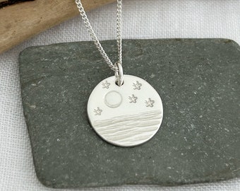 Sterling Silver Full Moon Necklace: Hand Stamped Sea & Stars Pendant