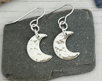 Hammered Sterling Silver Crescent Moon Earrings: Handmade Boho Jewelry