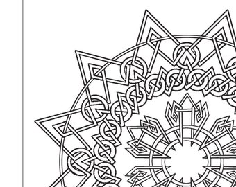 May include: A black and white mandala coloring page with a geometric design featuring a starburst pattern and intricate details. The title "Coloring for Relaxation - Mandala Meditations, Volume 1" and the copyright information "Copyright 2015 Jeannette Westlake" are printed at the top and bottom of the page.