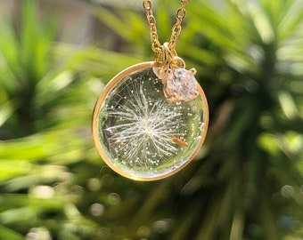 Real dandelion dandelion necklace in resin. Gold jewelry real flower pendant. Necklace brings good luck wishes