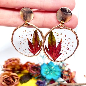 Women's gold brass pendant hoop earrings with real Japanese maple resin leaves pendant. Real flower resin jewelry. Unique gift