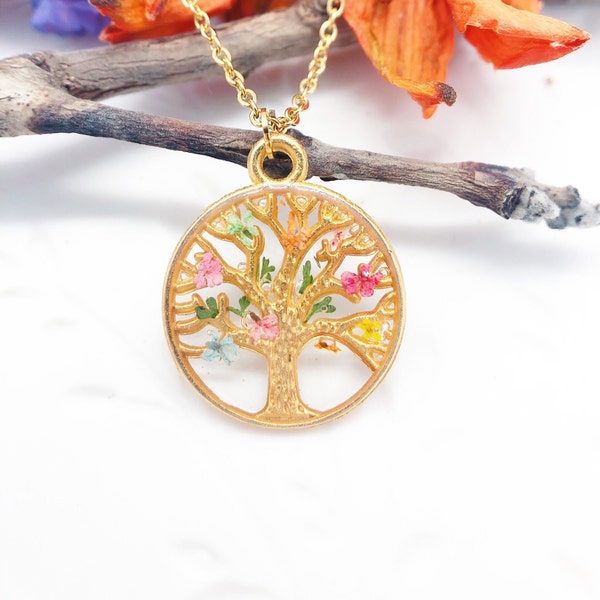 Collana donna ciondolo ottone dorato albero della vita fiori veri resina.Catenina acciaio oro Gioielli minimalist botanica terrarium natura