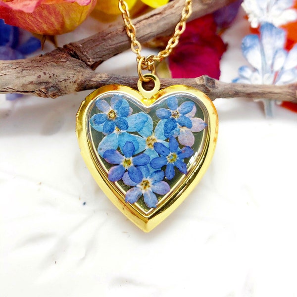 Collier souvenir photo pendentif coeur femme. Coeur vraies fleurs Ne m'oublie pas. Collier en laiton doré.