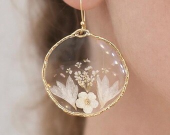 Women's dangling hoop earrings. Lightweight hoops with real resin flowers. Resin jewelry made from pressed dried flowers. A unique gift for her.