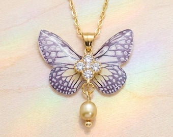 Realistic Resin Butterfly Necklace,Gold-Toned Stainless Steel in White and Brown,Pearl & Rhinestone Pendant,Romantic Jewelry Gift for Women