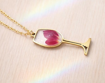 Red wine glass necklace. Dionysus pendant with real flowers and rose petals. Auspicious jewelry. Gift for her.