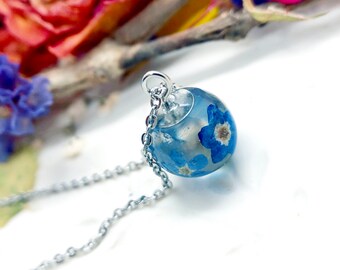 Mini Sphere Necklace, Real Flowers, Forget-me-not Forget Me