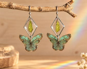 Real Fern Silver Earrings with Green Butterfly in Resin, Botanical Dangle Earrings in Hypoallergenic Stainless Steel