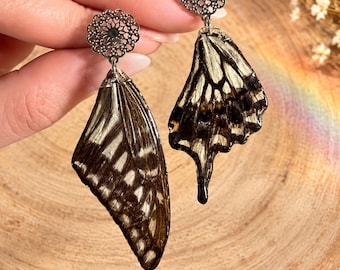 Iridescent Ivory and Gold Resin Butterfly Necklace - Shimmering Butterfly Pendant with Rhinestones & Steel Chain - Ethereal Gift for Her