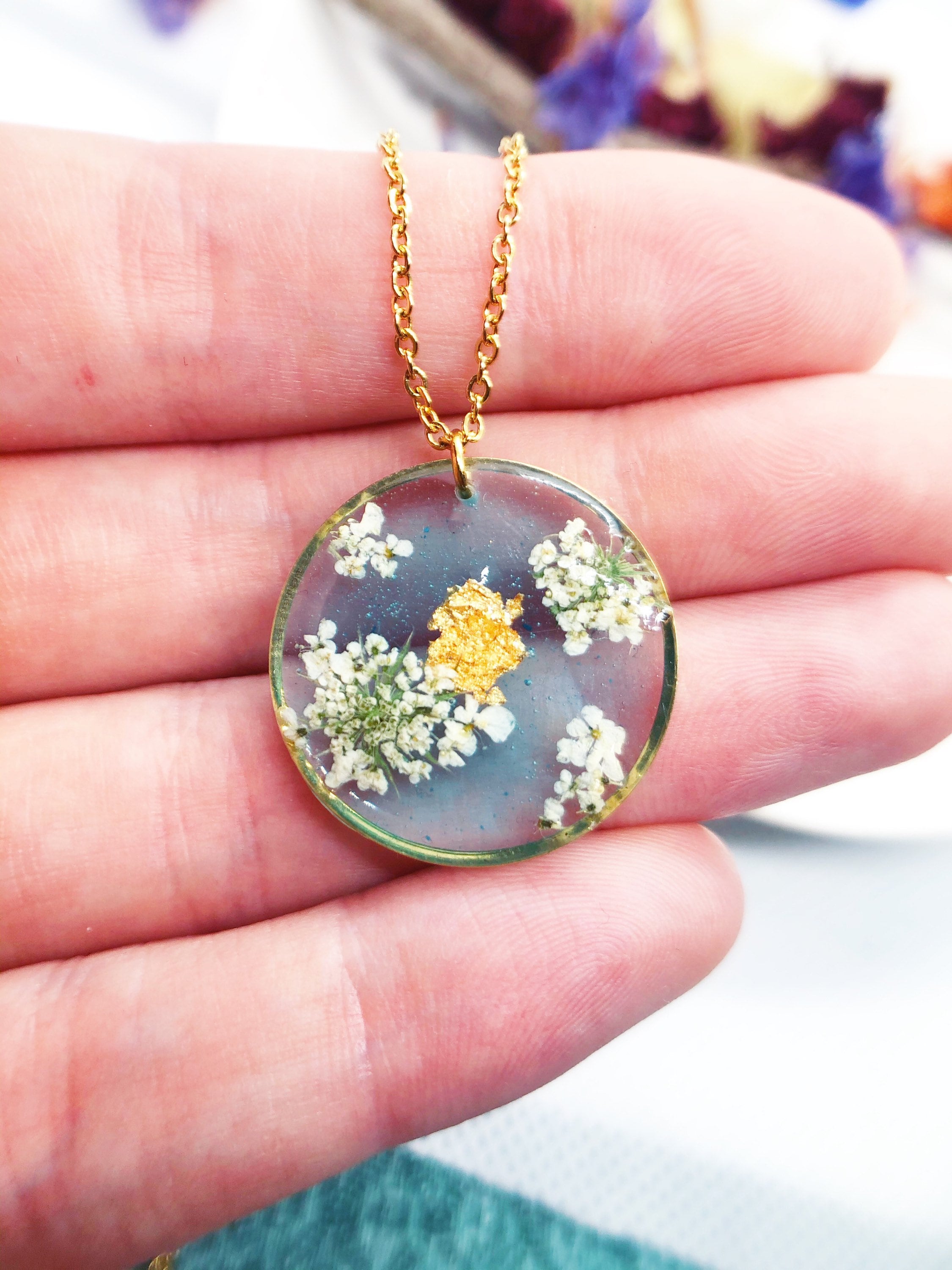 Women's Necklace With Blue Sky Clouds Pendant, Real Flowers