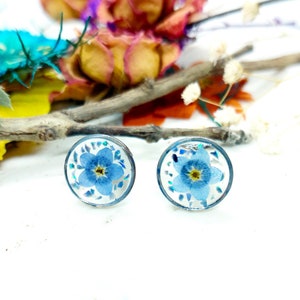 Women&#39;s earrings with buttons, circles, steel, silver, lobe, real flowers, forget me not, forget me not. Dried pressed flower resin jewelry.