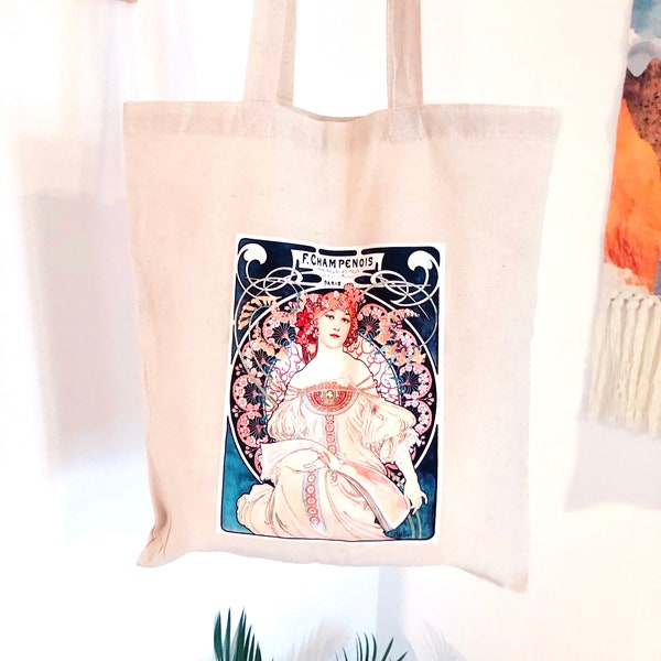 Sac cabas en toile de coton Shopping Bag avec imprimé floral artistique. Sac de plage pratique, écologique et résistant en toile beige.