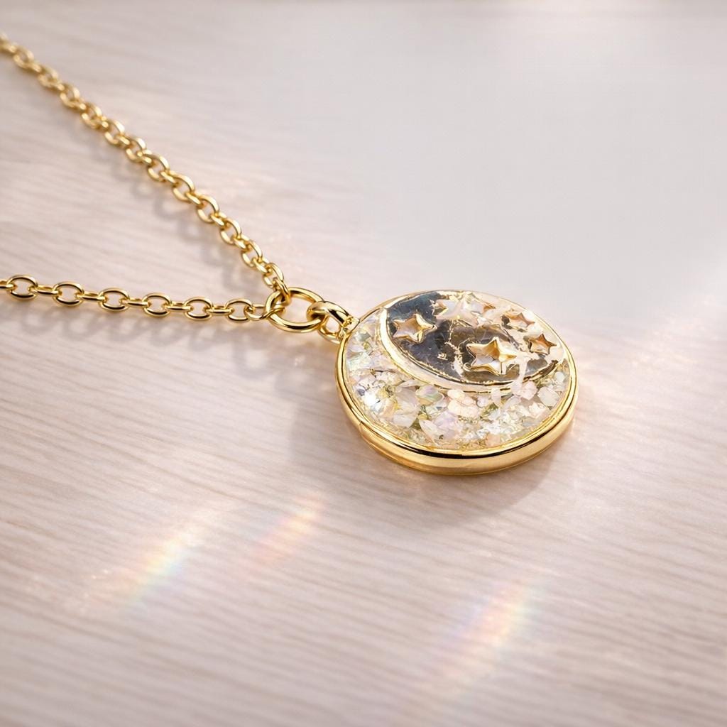 BeFloral Collana Luna Con Fiori Veri Nontiscordardimé In Resina – Ciondolo In Acciaio Dorato, Catena Con Palline, Stile Boho