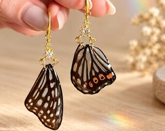 Iridescent Ivory and Gold Resin Butterfly Necklace - Shimmering Butterfly Pendant with Rhinestones & Steel Chain - Ethereal Gift for Her