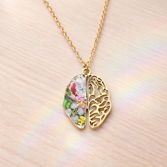 Collana artigianale gioiello ciondolo cervello anatomico acciaio fiori veri.Gioielli resina.Regalo medico.Regalo psicologi.Gioielli Handmade