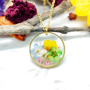 Forget-me-not necklace, gold steel pendant, real pressed dried flowers pendant. Real resin flower jewelry. Forget me not necklace
