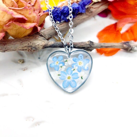 Buy Real Flowers Heart Necklace Forget Me Not in Uv Resin. Silver 