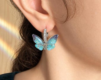 Blue Butterfly Earrings with Rhinestones, Silver Stainless Steel Hoops with Turquoise Dangle Charm