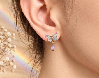 Lilac Iridescent Butterfly Stud Earrings in Resin with Gemstone, Gold Stainless Steel, Small 1.2 cm