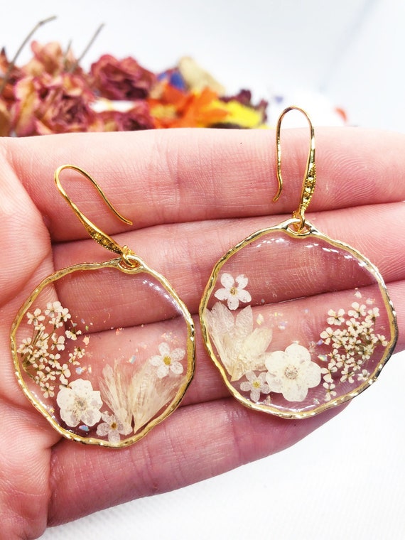 Women's Gold Brass Pendant Hoop Earrings with Real Resin Flower Pendant. Pressed Dried Flower Resin Jewelry. Unique Gift for Her