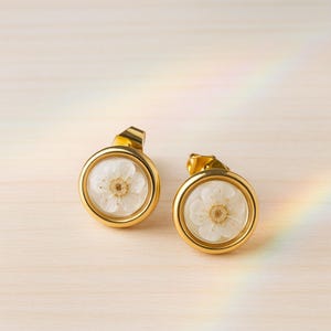 Small Hoop Earrings with Real White Resin Flowers, Hypoallergenic Gold-Plated Earrings, Floral Jewelry Gift for Women