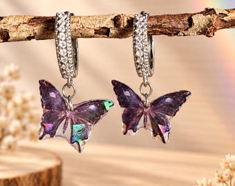 Purple Iridescent Butterfly Earrings in Resin, Stainless Steel Hoops with Rhinestones, Small 2 cm Dangles