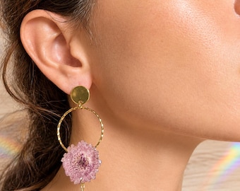 Earrings with real pink chrysanthemum, 3 cm gold-plated steel hoops and a dangling pearl