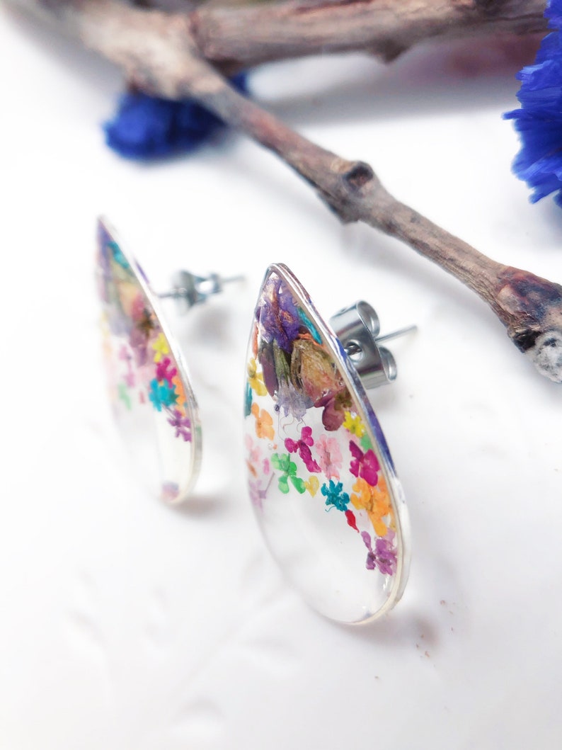 resin jewelry Women/'s earrings drop real flowers to dried lobe pressed into transparent resin Silver accessories Gift woman