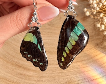 Iridescent Ivory and Gold Resin Butterfly Necklace - Shimmering Butterfly Pendant with Rhinestones & Steel Chain - Ethereal Gift for Her