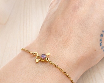 Serotonin Bracelet with Pink Heather Flower, Happiness Molecule Pendant in Gold or Silver Steel, Psychology Science Graduation Gift