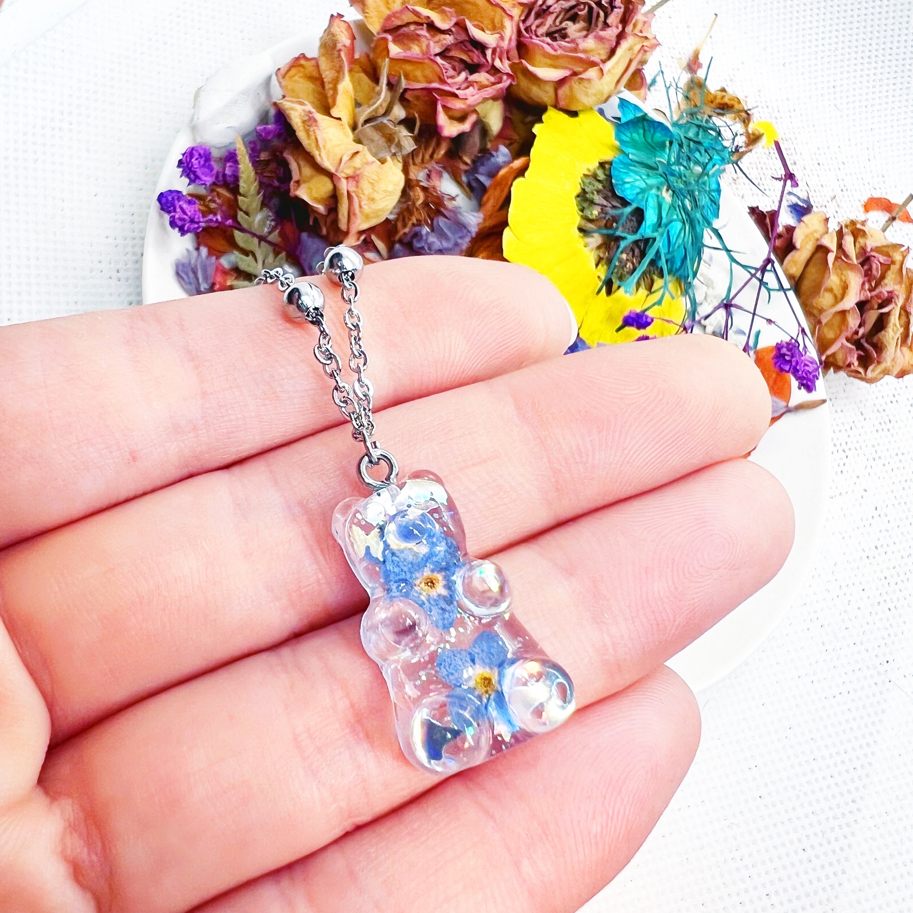 Resin gummy bear pendant necklace. Handcrafted costume jewellery. Real flower bear pendant Forget me not. Gift idea for girls and boys.