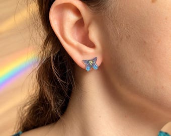Blue Purple Iridescent Butterfly Stud Earrings in Resin | Mini 1 cm, Silver Stainless Steel