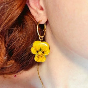 Elegant Pansy Hoop Earrings for Women. Real Flower Jewelry. Lightweight Hypoallergenic Earrings. Gold Steel Pendants. Birthday Gift Idea