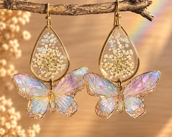 Iridescent Butterfly Earrings with Queen Anne’s Lace, Resin Drop, Synthetic Opal and Gold Stainless Steel
