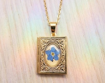 Fairy Book Necklace with Real Flowers. Forget-me-not Book Pendant. Gift for a Literature Lover. Fantasy Gift.