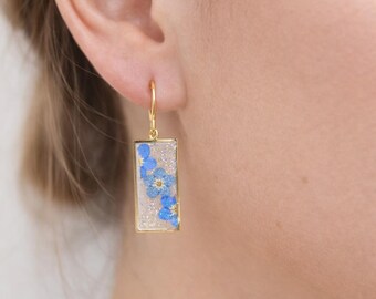 Rectangular forget-me-not real flower earrings. Elegant women's earrings. Blue flowers. Gift jewelry.