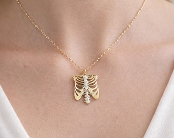 Rib Cage Necklace with Real Flowers, Spine Pendant, Gift for Physiotherapist, Osteopath, Orthopedist