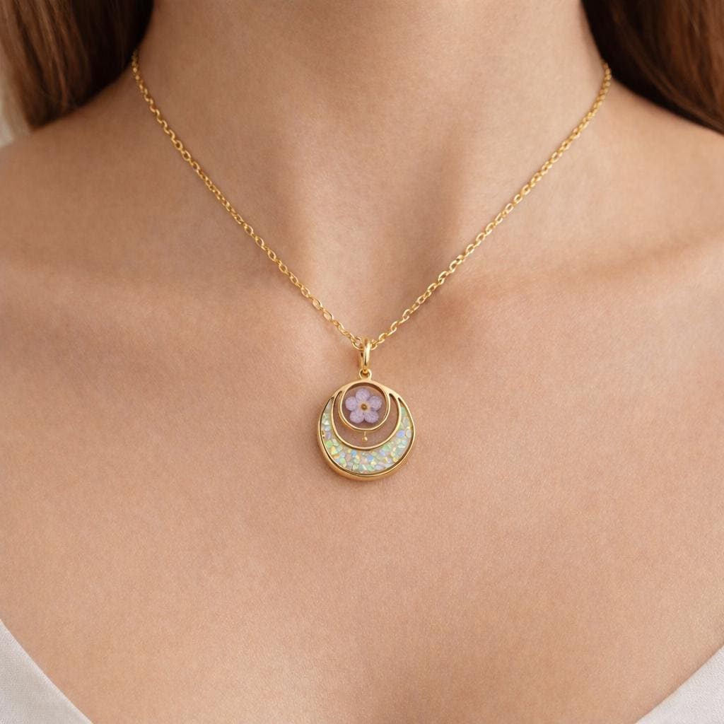 Forget me not real flower necklace and UV resin opal flakes. 18k gold plated Circles pendant. Resin jewelry. Forget-me-not pressed flowers