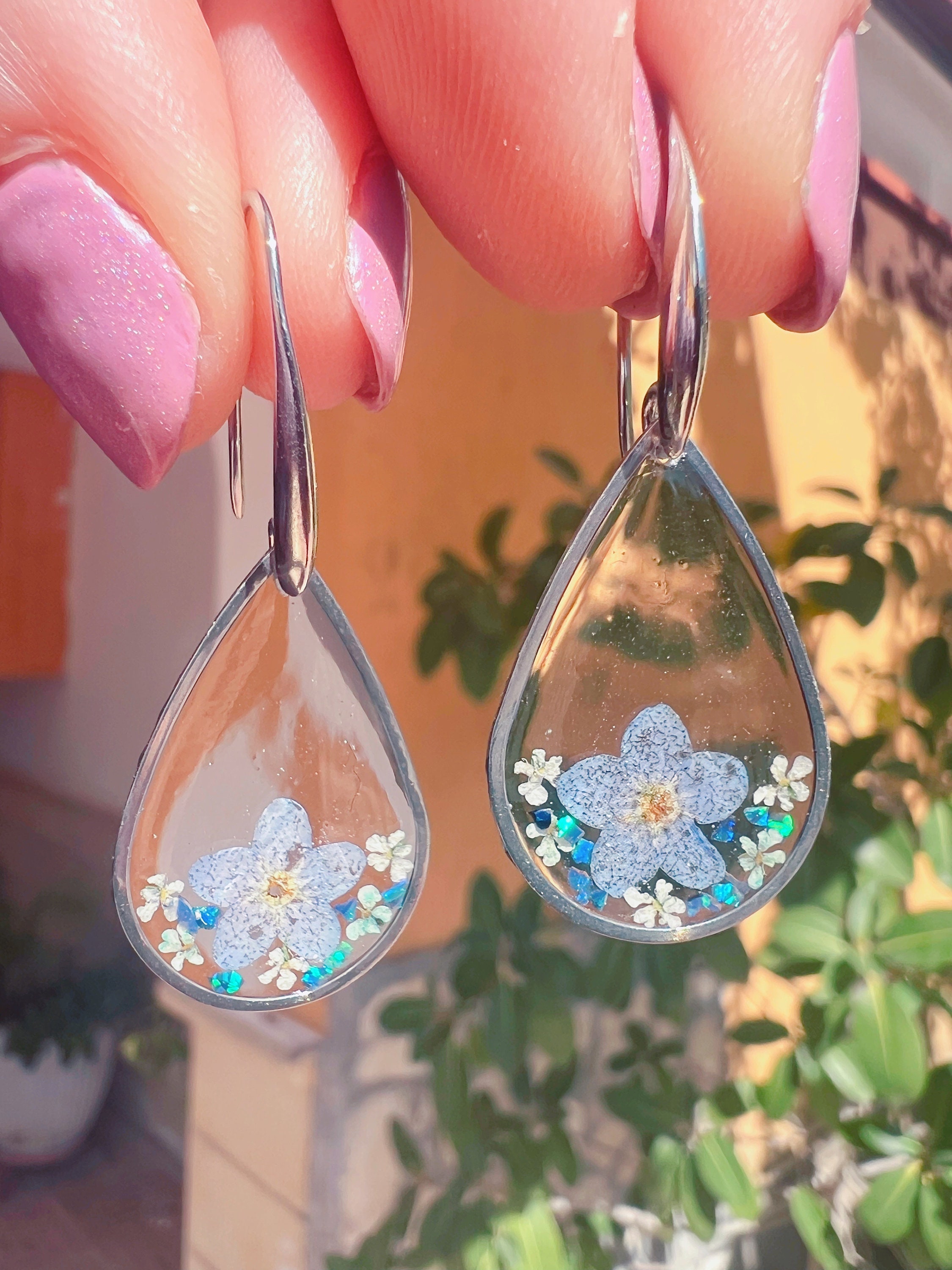 Boucles D'oreilles Femme Fleur Séchée Myosotis - Acier Inoxydable & Résine | Bijoux Fantaisie élégants | Cadeau Romantique