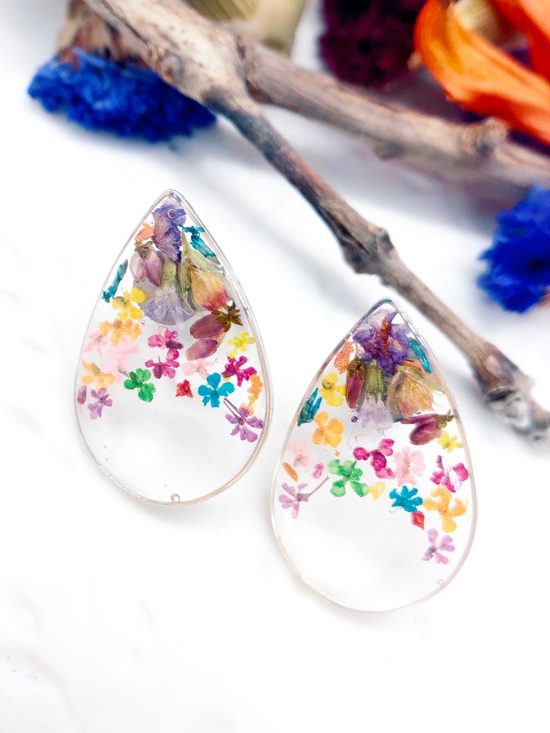 resin jewelry Women/'s earrings drop real flowers to dried lobe pressed into transparent resin Silver accessories Gift woman