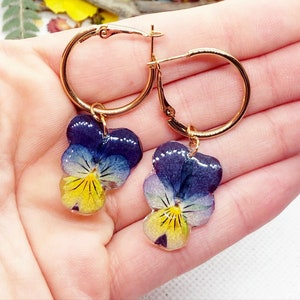 Elegant Pansy Hoop Earrings for Women. Real Flower Jewelry. Lightweight Hypoallergenic Earrings. Gold Steel Pendants. Birthday Gift Idea