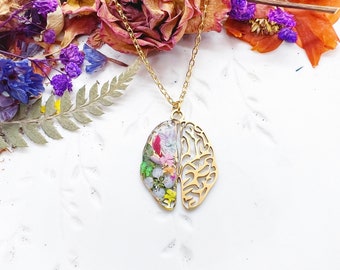 Handmade necklace jewel pendant anatomical brain gold real flowers.Resin jewelry.Medical gift.Psychologists gift.Handmade jewelry