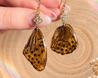 Iridescent Ivory and Gold Resin Butterfly Necklace - Shimmering Butterfly Pendant with Rhinestones & Steel Chain - Ethereal Gift for Her
