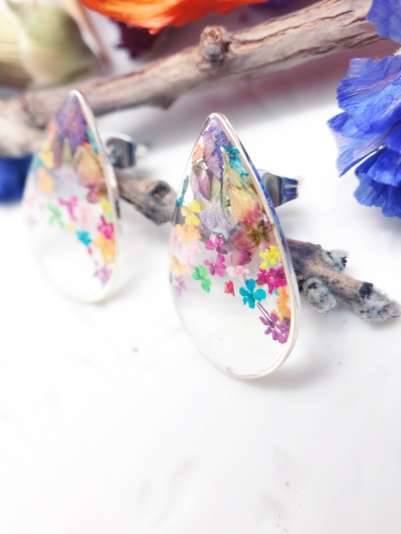 resin jewelry Women/'s earrings drop real flowers to dried lobe pressed into transparent resin Silver accessories Gift woman